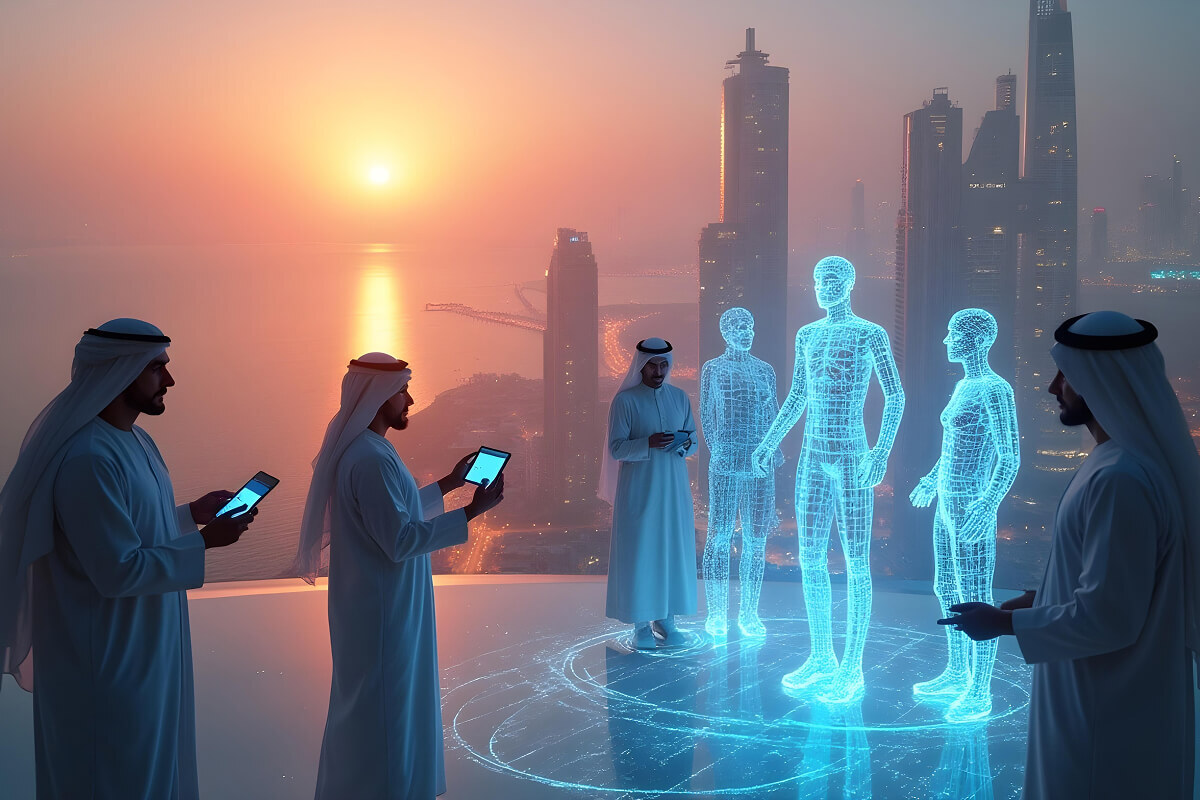 Digital art of men in traditional Arab attire standing on a futuristic balcony interacting with glowing blue holographic figures against a sunset city backdrop.