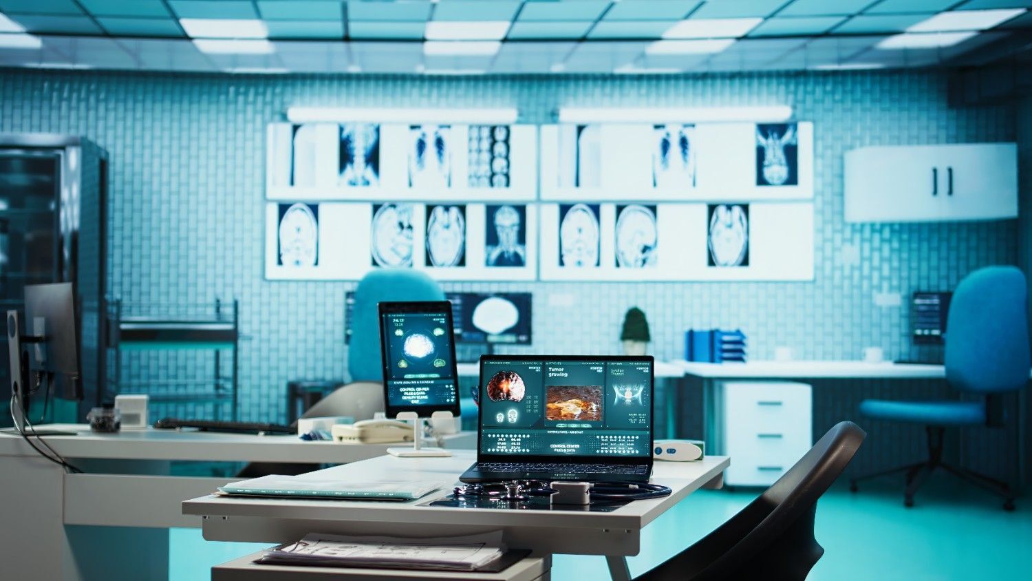 Healthcare AI Dubai radiology workstation with diagnostic imaging screens showing CT scans and AI analysis interface in modern Dubai hospital